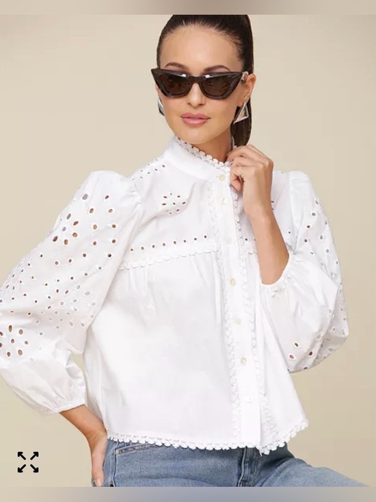 Avec Les Filles Tops - NWT Avec Les Filles White Cotton Eyelet Puff Long Sleeve Button-Up Top